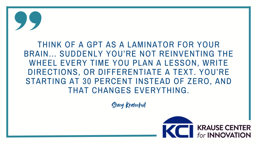 Think of a GPT as a laminator for your brain... suddenly you're not reinventing the wheel every time you plan a lesson, write directions, or differentiate a text. You're starting at 30 percent instead of zero, and that changes everything. - Stacy Kratochvil
